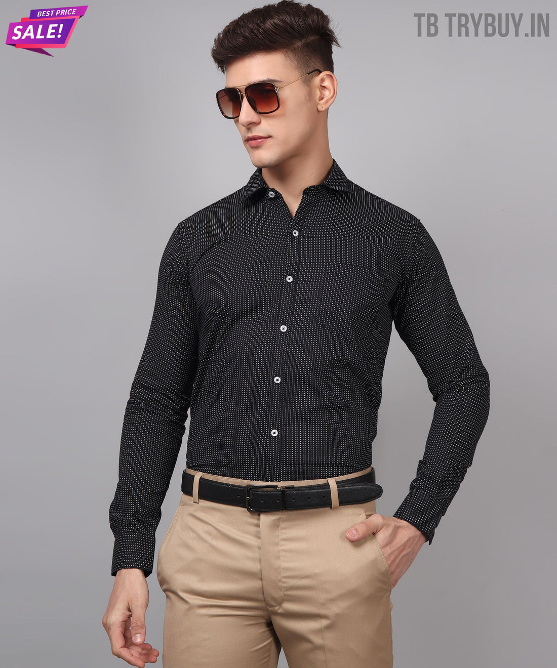 Men's black dot printed regular-fit shirt, product view