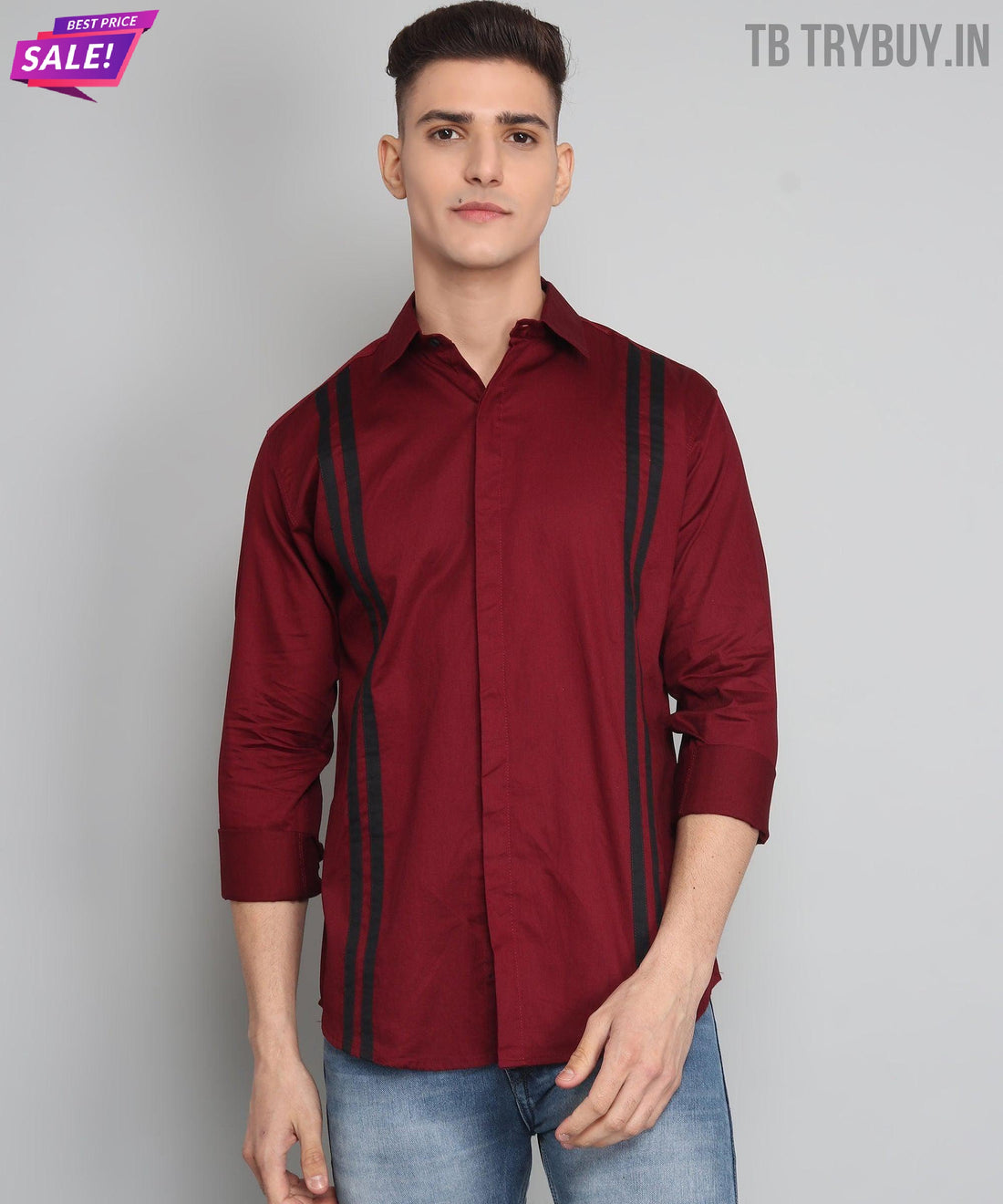 TryBuy Premium Maroon Colored Black Striped Cotton Casual Shirt for Men