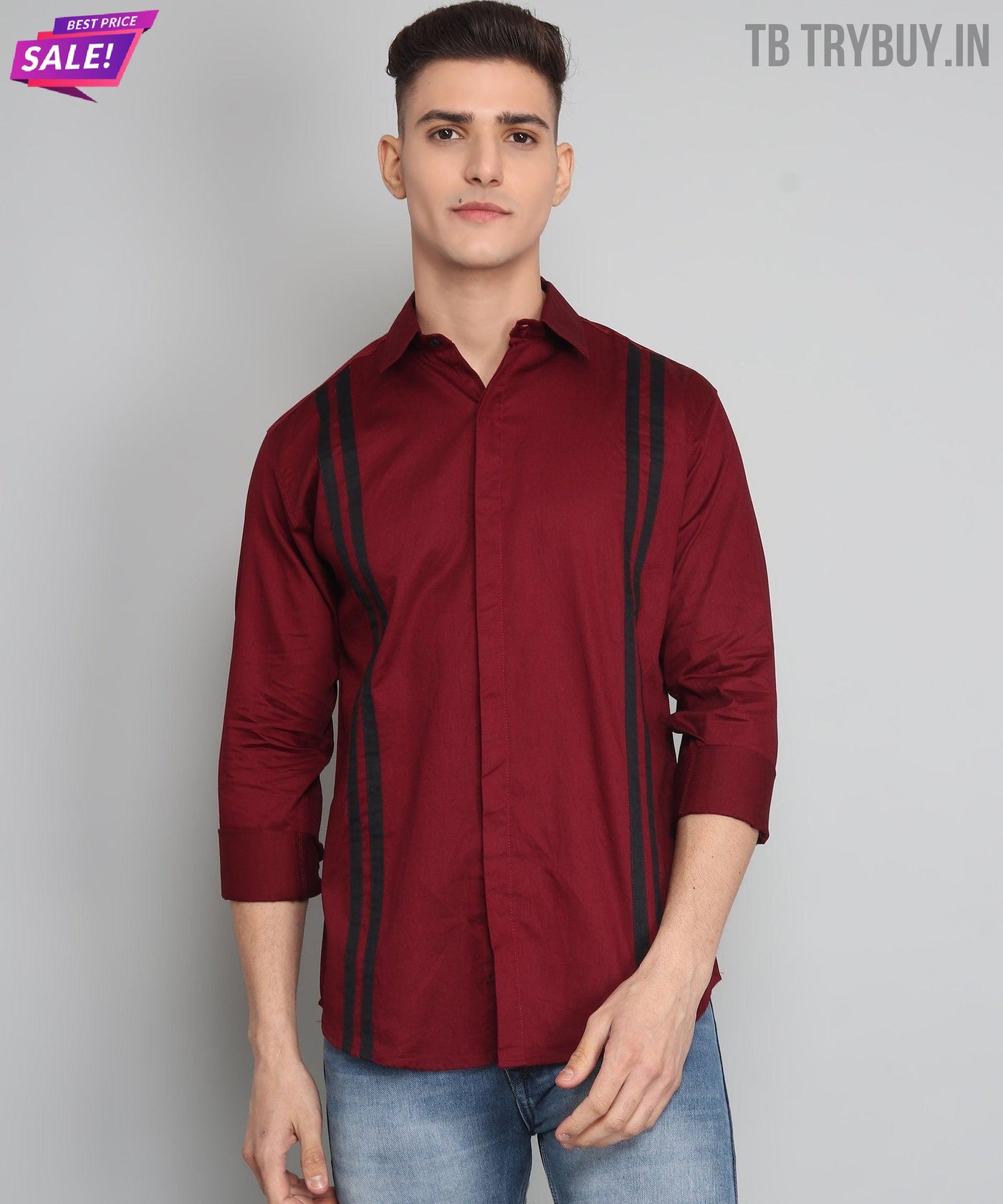 Maroon Black Striped Cotton Shirt for Men