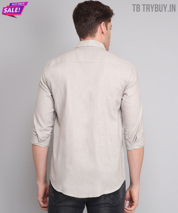 TryBuy Premium Grey Solid Cotton Linen Casual Double Pocket Shirt for Men