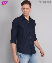 Elite Men's Designer TryBuy Premium Navy Blue Solid Cotton Linen Casual Double Pocket Shirt