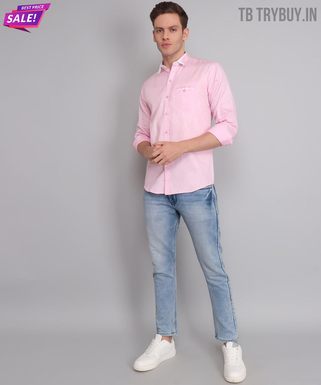 Men's pink solid regular-fit cotton shirt, product view
