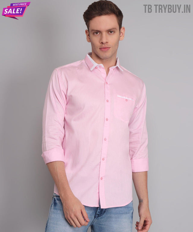 Men's pink solid regular-fit cotton shirt, product view
