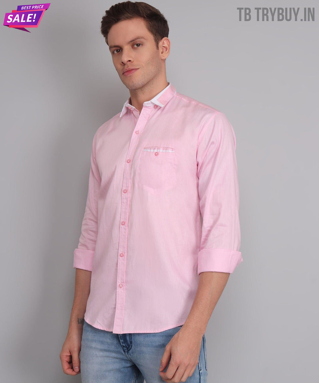 Men's pink solid regular-fit cotton shirt, product view