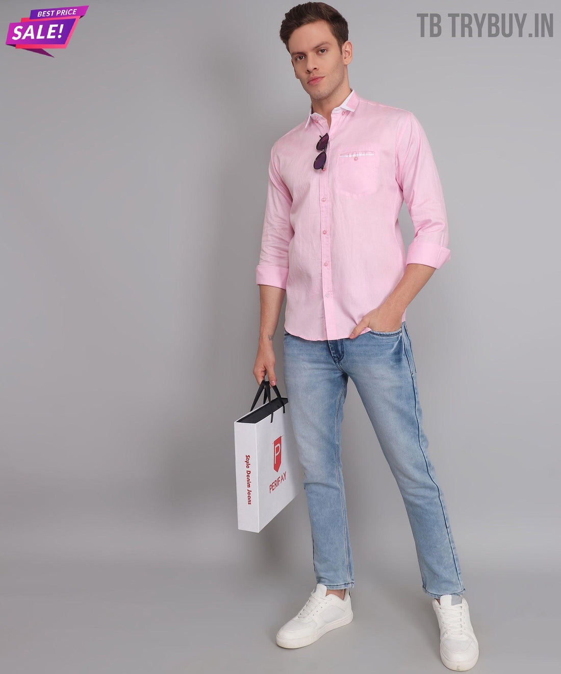 Men's pink solid regular-fit cotton shirt, product view