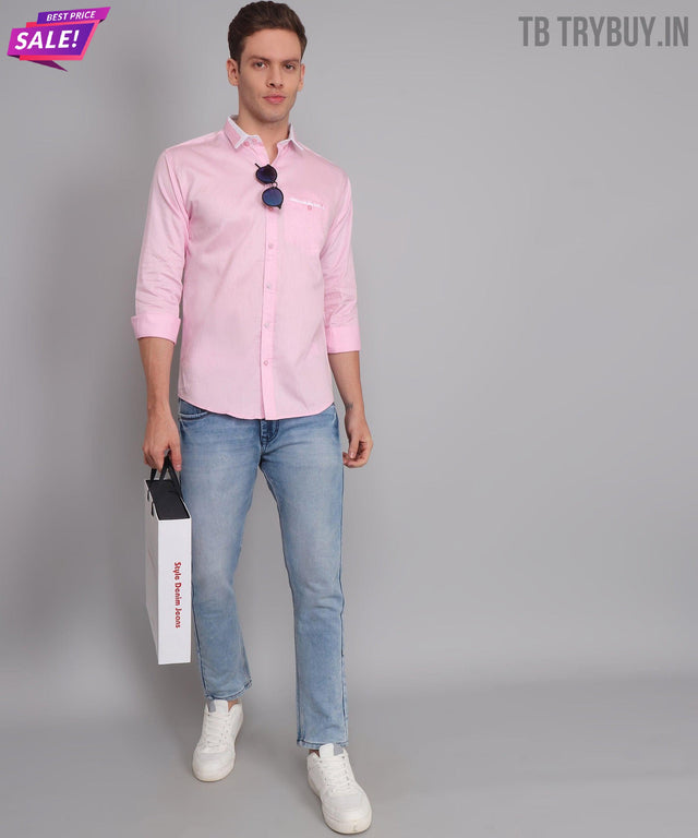 Men's pink solid regular-fit cotton shirt, product view