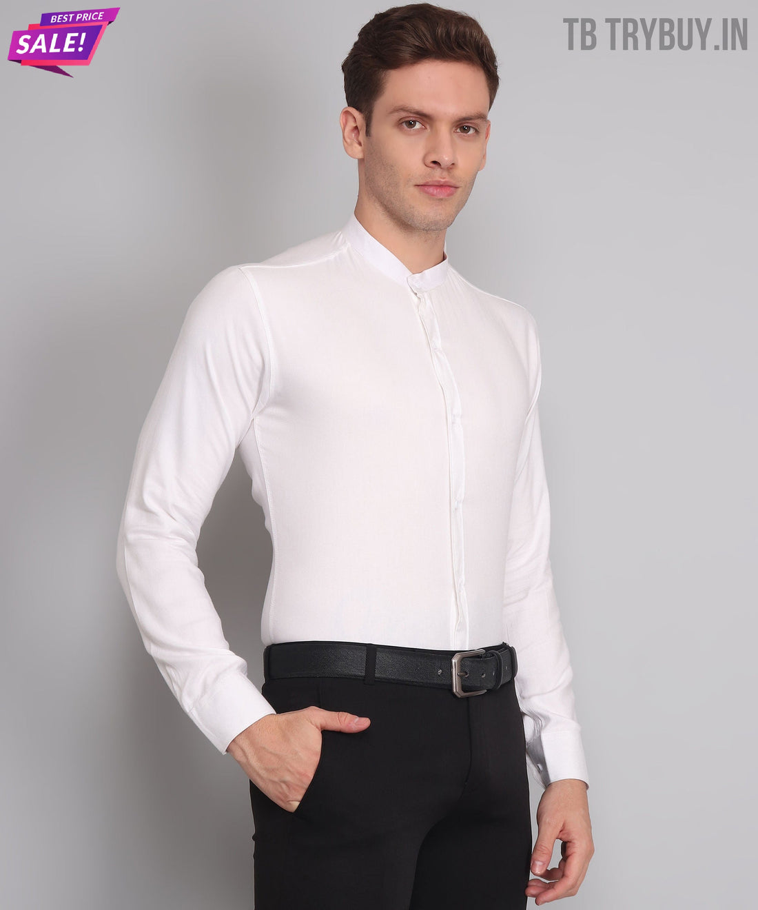 
a man wearing a white shirt and black pants
