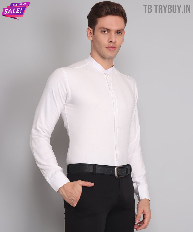 White Cotton Mandarin Men's Shirt 7