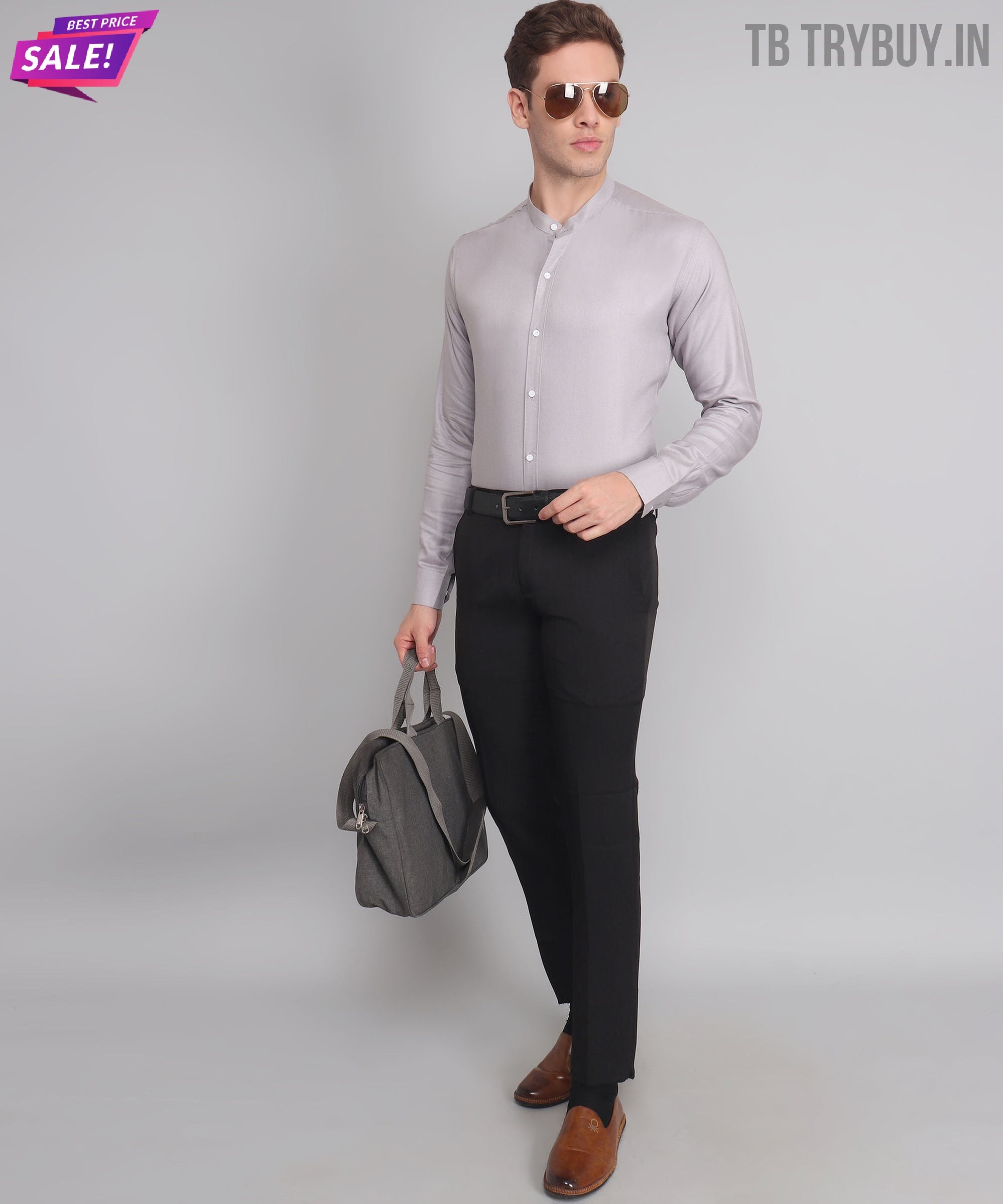 TryBuy Premium Luxurious Full Sleeves Mandarin Collar Silver Cotton Casual Shirt for Men