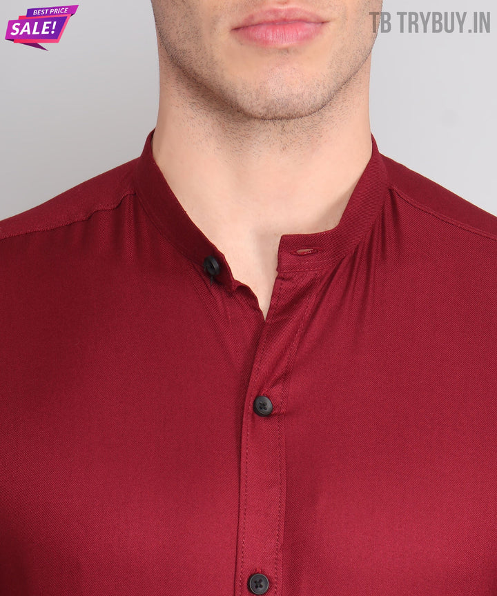 TryBuy Premium Luxurious Full Sleeves Mandarin Collar Maroon Cotton Casual Shirt for Men