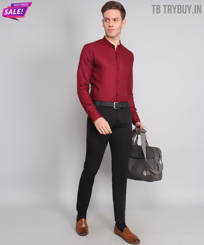 Maroon Stand Collar Cotton Shirt for Men 2