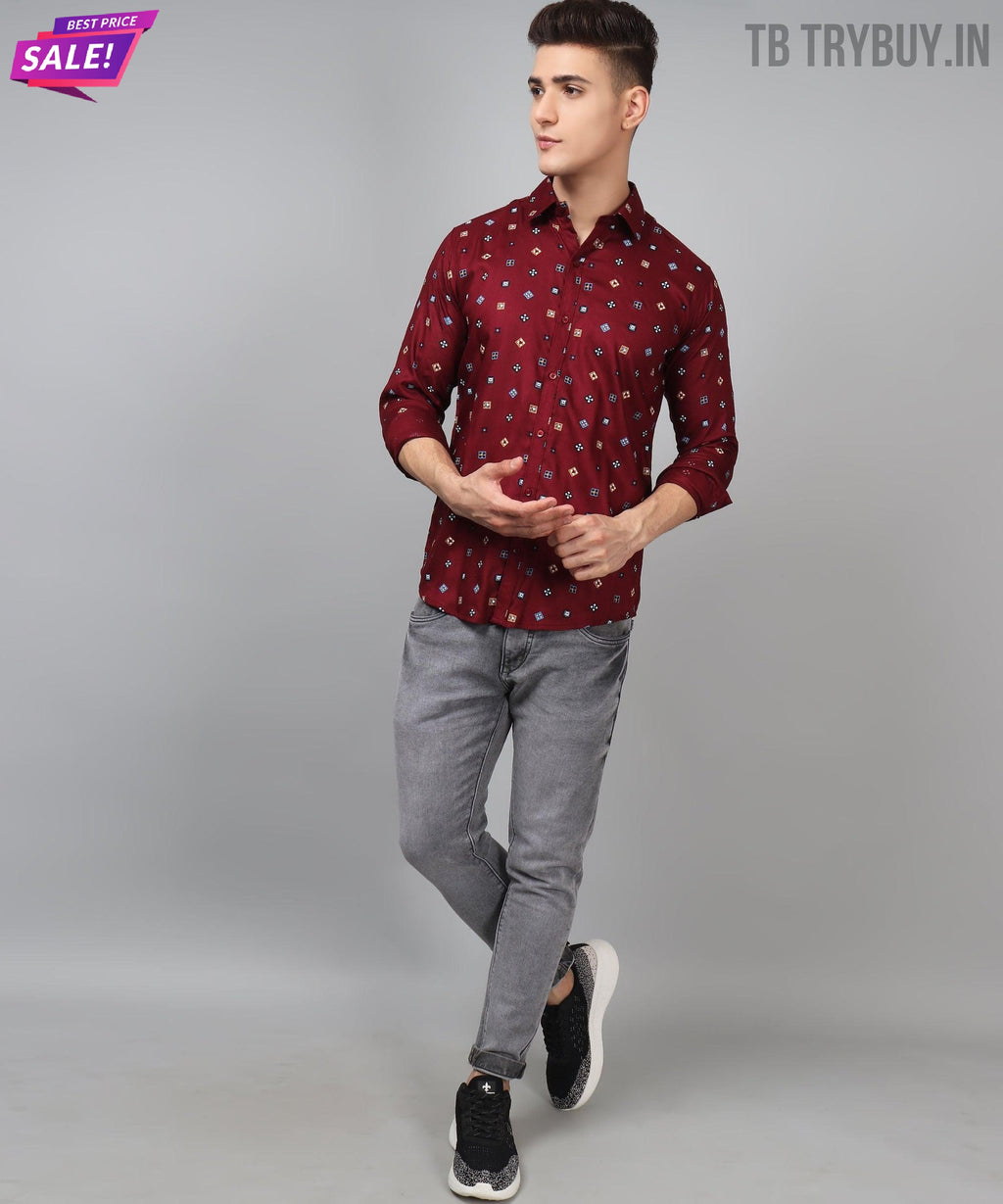 a man wearing a red shirt and grey pants