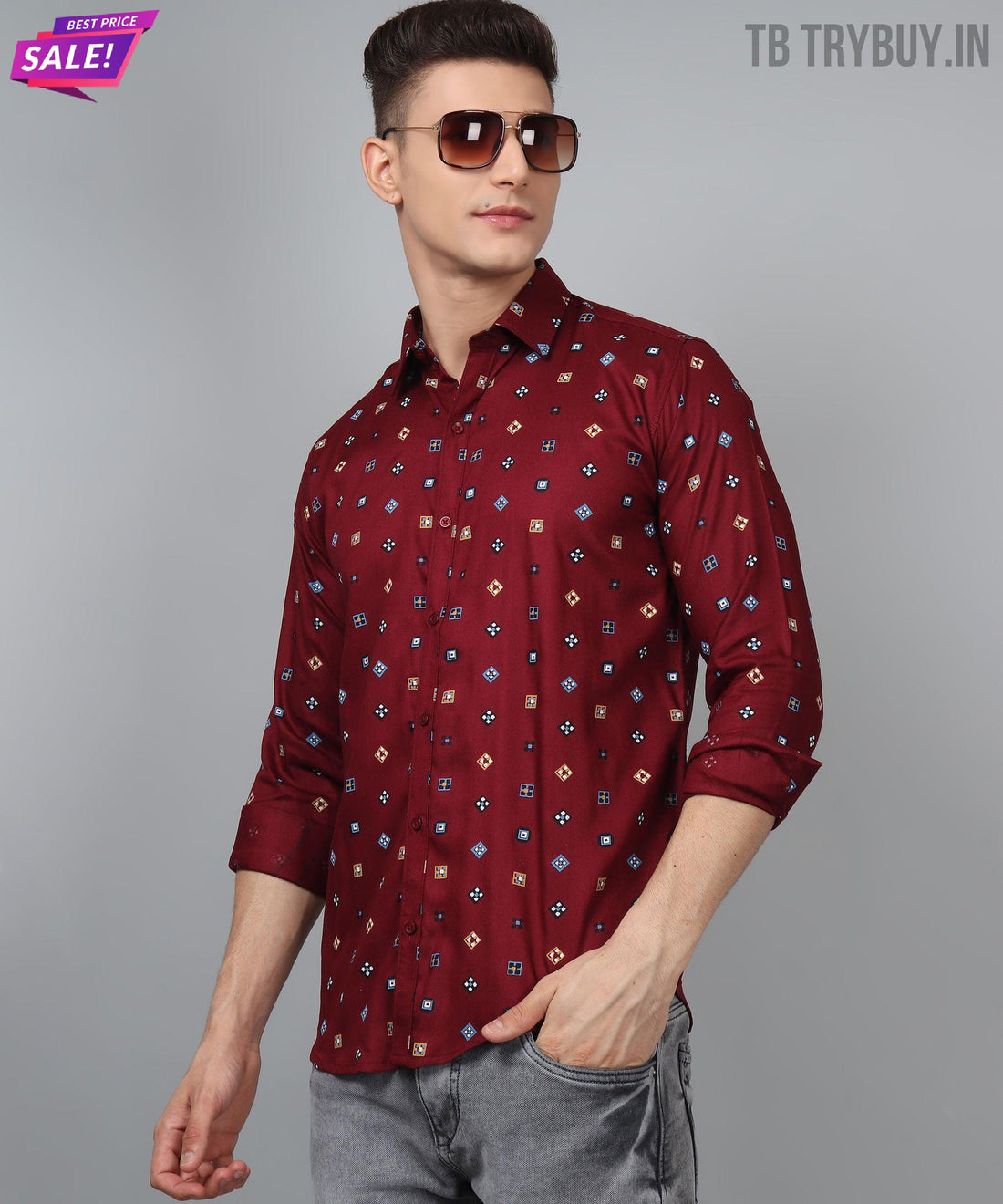 a man wearing a red shirt and sunglasses