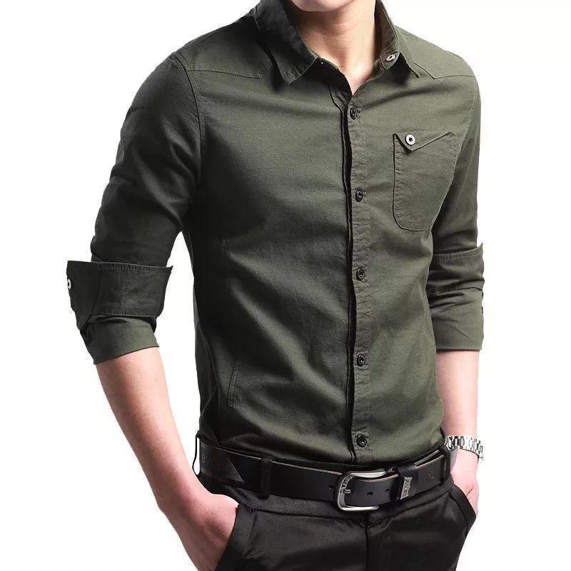 Trybuy Fashionable Army Green Cotton Casual Shirt for Men