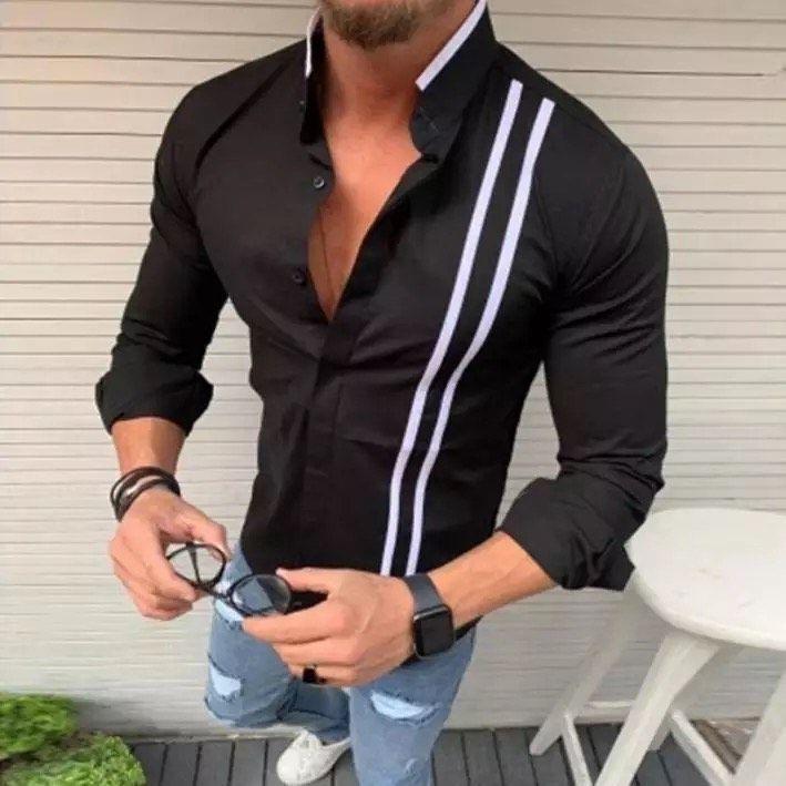 Black Mandarin Collar Striped Cotton Shirt for Men