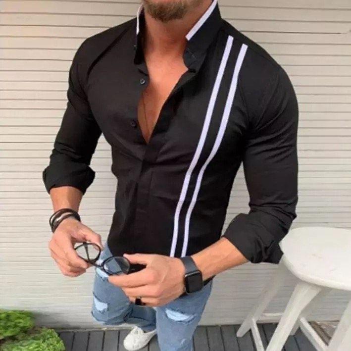 New Men's Designer Black Striped Pattern Cotton Casual Shirt