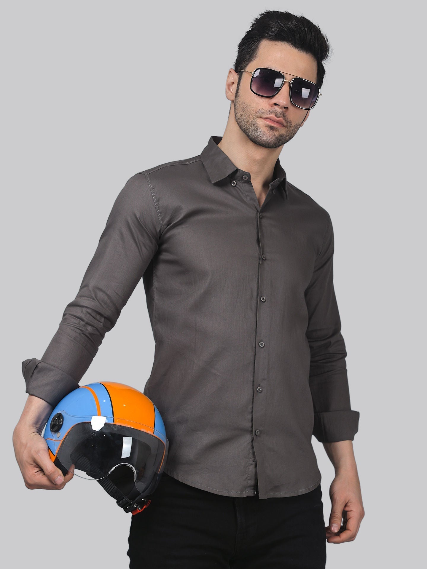 Sporty-luxe TryBuy Premium Grey Cotton Casual Shirt for Men - TryBuy® USA🇺🇸