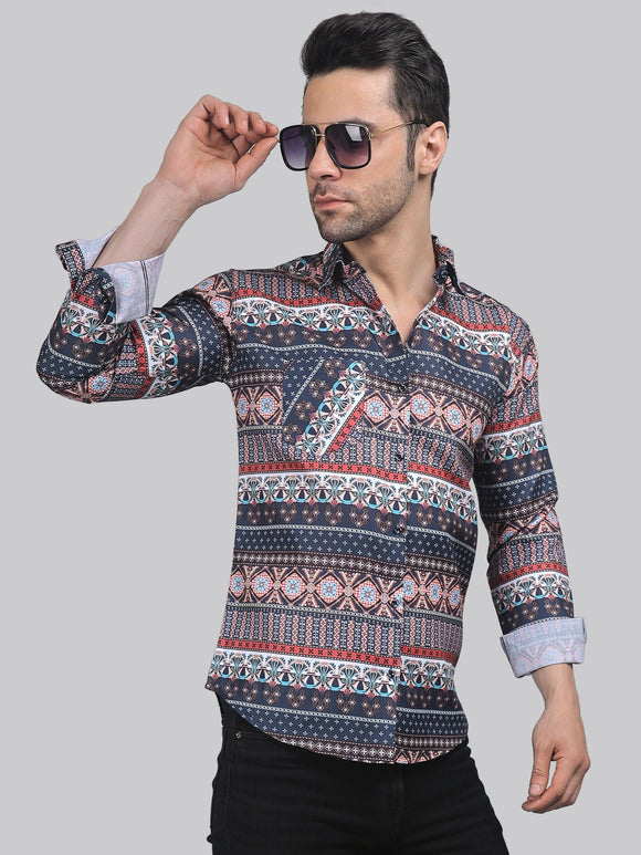 a man wearing sunglasses and a patterned shirt